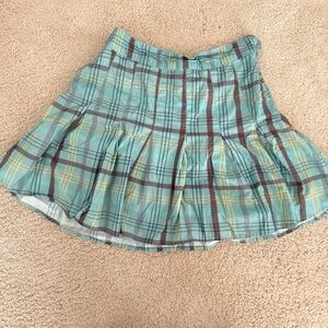 Anthropologie Maeve Teal Plaid Circle Skirt with Brown and Yellow Accents